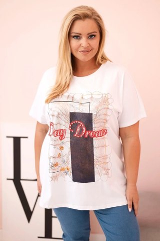 Bluzka damska Plus Size Day Dream biało-granatowa – bawełna, oversize, krótki rękaw