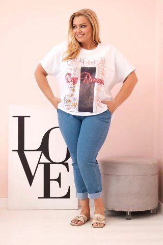 Bluzka damska Plus Size Day Dream biało-granatowa – bawełna, oversize, krótki rękaw