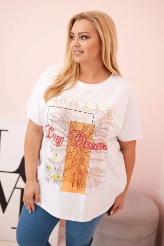 Bluzka damska Plus Size Day Dream biało-pomarańczowa – bawełna, oversize, krótki rękaw