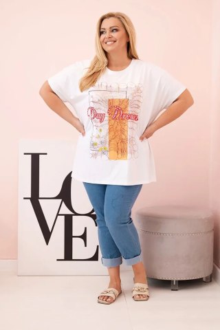 Bluzka damska Plus Size Day Dream biało-pomarańczowa – bawełna, oversize, krótki rękaw