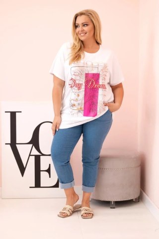 Bluzka damska Plus Size Day Dream biało-różowa – bawełniana, oversize, krótki rękaw