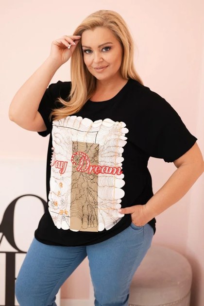Bluzka damska Plus Size Day Dream czarna z camelowym nadrukiem – bawełna, oversize, krótki rękaw