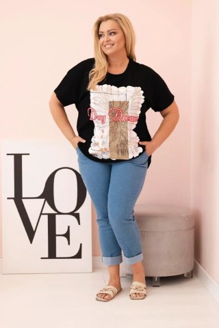 Bluzka damska Plus Size Day Dream czarna z camelowym nadrukiem – bawełna, oversize, krótki rękaw