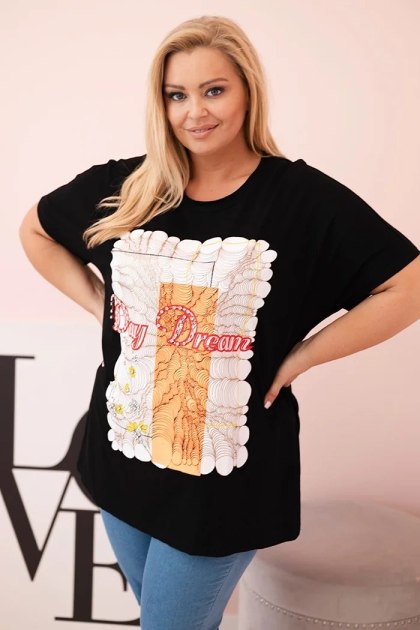 Bluzka damska Plus Size Day Dream czarna – bawełna, oversize, krótki rękaw