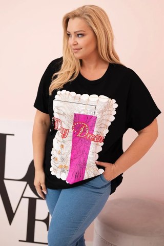 Bluzka damska Plus Size Day Dream czarna z różowym nadrukiem – bawełna, oversize, krótki rękaw