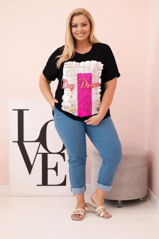 Bluzka damska Plus Size Day Dream czarna z różowym nadrukiem – bawełna, oversize, krótki rękaw
