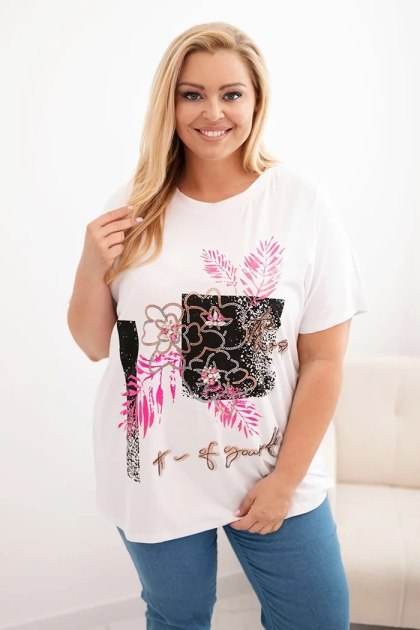 Bluzka damska Plus Size biała z różowym kwiatowym nadrukiem 3D – bawełna, oversize, krótki rękaw