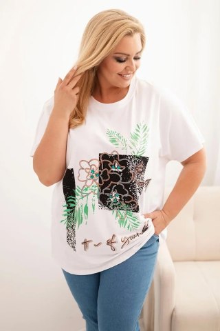 Bluzka damska bawełniana Plus Size z ozdobnym nadrukiem kwiatowym biały + zielony