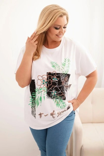 Bluzka damska Plus Size biała z zielonym kwiatowym nadrukiem 3D – bawełna, oversize, krótki rękaw