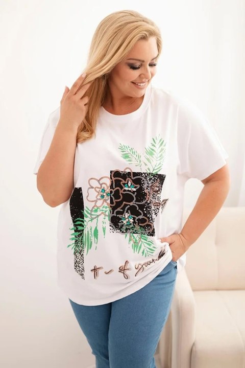Biała bluzka Plus Size z zielonym nadrukiem kwiatowym i detalami 3D Biała bluzka Plus Size z zielonym nadrukiem kwiatowym i detalami 3D