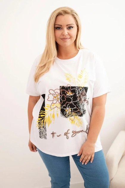 Bluzka damska Plus Size biała z żółtym kwiatowym nadrukiem 3D – bawełna, oversize, krótki rękaw