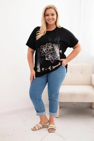 Bluzka damska bawełniana Plus Size z ozdobnym nadrukiem kwiatowym czarny + granatowy