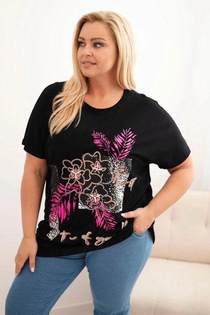 Bluzka damska Plus Size czarna z różowym kwiatowym nadrukiem 3D – bawełna, oversize, krótki rękaw