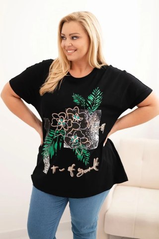 Bluzka damska bawełniana Plus Size z ozdobnym nadrukiem kwiatowym czarny + zielony