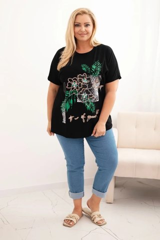 Bluzka damska bawełniana Plus Size z ozdobnym nadrukiem kwiatowym czarny + zielony