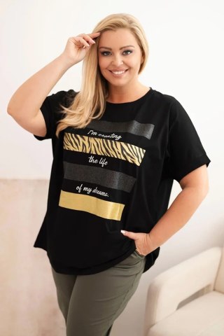 Bluzka Damska Plus Size Czarna – Złoty Brokatowy Nadruk i Napis | Stylowy Wieszak