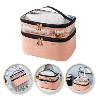 Kosmetyczka podróżna 2-poziomowa kremowa 17x23x15 cm KS92WZ3 | Organizer na kosmetyki z przezroczystą górą