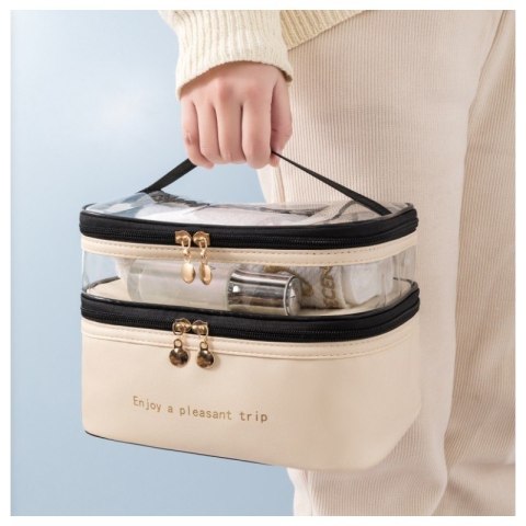 Kosmetyczka damska 2-poziomowa kremowa 17x23x15 organizer podróżny