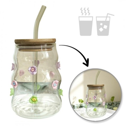 Szklanka z falowanymi ściankami i kwiatkami 450 ml ze słomką i pokrywką SZK164 Szklanka z falowanymi ściankami i kwiatkami 450 ml ze słomką i pokrywką SZK164