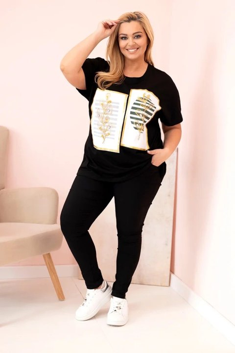 Bluzka damska bawełniana Plus Size z dżetami czarny + khaki Bluzka damska bawełniana Plus Size z dżetami czarny + khaki