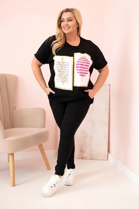 Bluzka damska bawełniana Plus Size z dżetami czarny + różowy