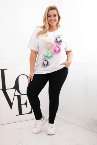 Bluzka damska bawełniana Plus Size z motywem piór biały + różowy
