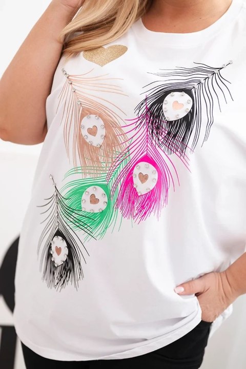 Bluzka damska bawełniana Plus Size z motywem piór biały + różowy Bluzka damska bawełniana Plus Size z motywem piór biały + różowy