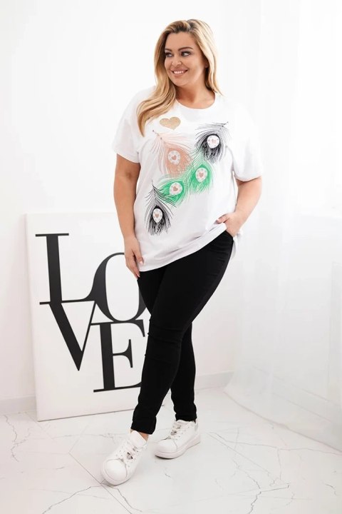 Bluzka damska bawełniana Plus Size z motywem piór biały + zielony Bluzka damska bawełniana Plus Size z motywem piór biały + zielony