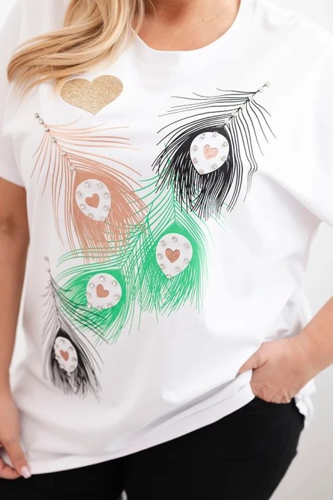 Bluzka damska bawełniana Plus Size z motywem piór biały + zielony Bluzka damska bawełniana Plus Size z motywem piór biały + zielony