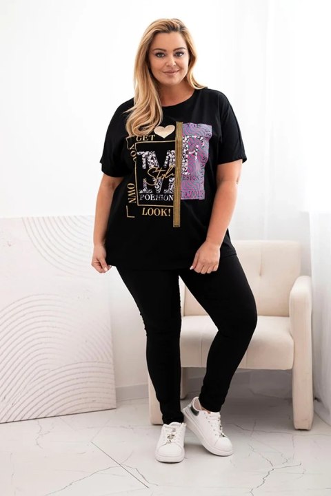 Bluzka damska bawełniana Plus Size z nadrukiem i cekinami czarny + różowy Bluzka damska bawełniana Plus Size z nadrukiem i cekinami czarny + różowy