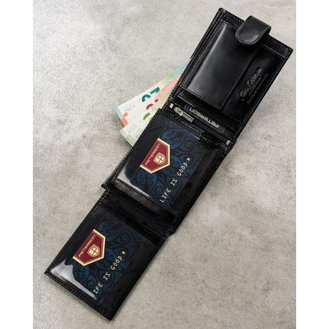Poziomy, elegancki, czarny portfel męski ze skóry naturalnej zamykany zatrzaskiem - Peterson Poziomy, elegancki, czarny portfel męski ze skóry naturalnej zamykany zatrzaskiem - Peterson