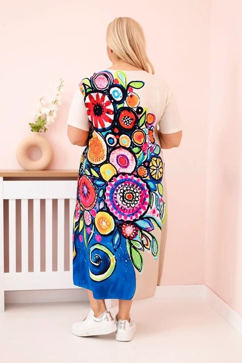 Sukienka damska Plus Size z wiskozy z kolorowym nadrukiem beżowa Sukienka damska Plus Size z wiskozy z kolorowym nadrukiem beżowa