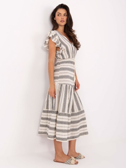 Ecru-czarna sukienka boho midi w paski z falbaną OCH BELLA