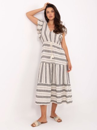 Ecru-czarna sukienka boho midi w paski z falbaną OCH BELLA