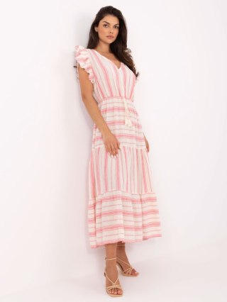 Ecru-różowa sukienka midi boho z haftem i falbaną OCH BELLA