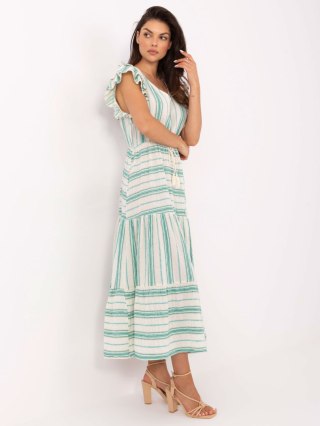 Sukienka boho ecru-zielona midi z wiązaniem i falbaną OCH BELLA