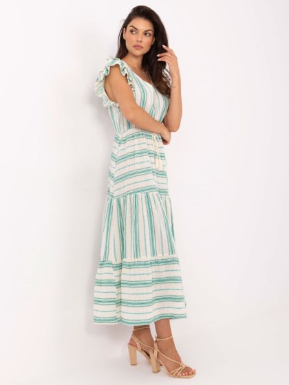 Sukienka boho ecru-zielona midi z wiązaniem i falbaną OCH BELLA