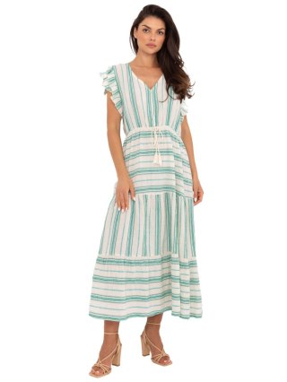 Sukienka boho ecru-zielona midi z wiązaniem i falbaną OCH BELLA