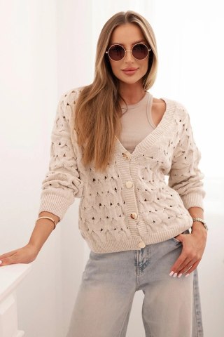 Sweter Damski Ażurowy z Dekoltem V i Złotymi Guzikami – Beżowy – Italy Moda
