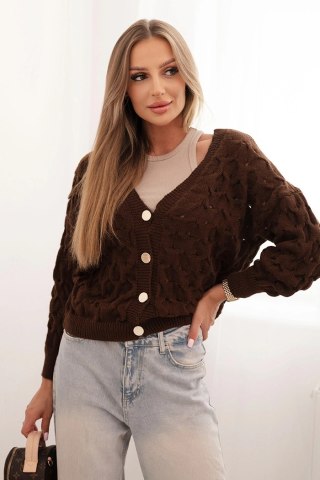 Sweter Damski Ażurowy z Dekoltem V i Złotymi Guzikami – Brązowy – Italy Moda