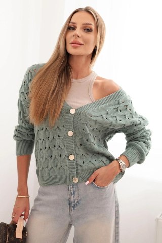 Sweter Damski Ażurowy z Dekoltem V i Złotymi Guzikami – Ciemny Miętowy – Italy Moda