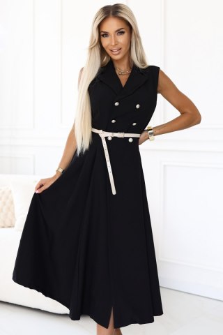 596-3 Elegancka szmizjerka midi ze złotymi guzikami i paskiem - CZARNA - UNI