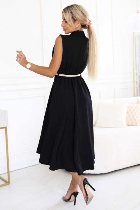 596-3 Elegancka szmizjerka midi ze złotymi guzikami i paskiem - CZARNA - UNI
