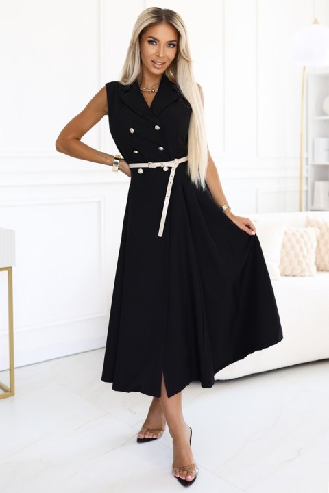 596-3 Elegancka szmizjerka midi ze złotymi guzikami i paskiem - CZARNA - UNI