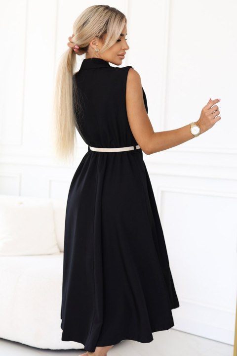 596-3 Elegancka szmizjerka midi ze złotymi guzikami i paskiem - CZARNA - UNI