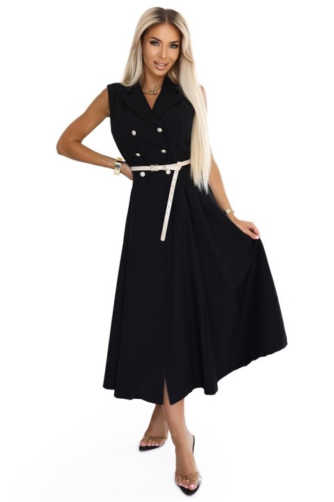 596-3 Elegancka szmizjerka midi ze złotymi guzikami i paskiem - CZARNA - UNI