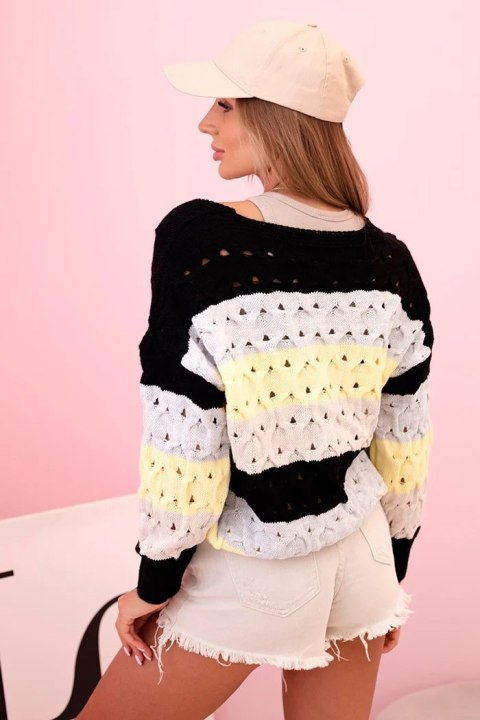 Sweter damski ażurowy w paski z dekoltem V czarny + żółty