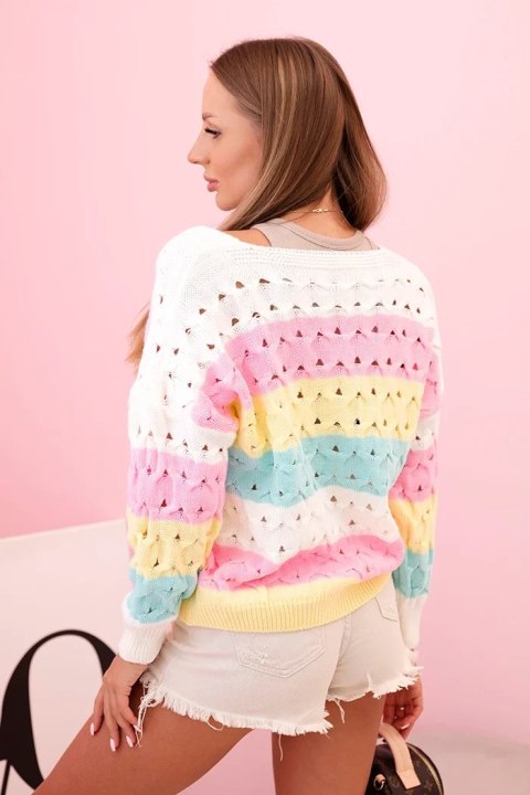 Sweter damski ażurowy w paski z dekoltem V ecru + żółty