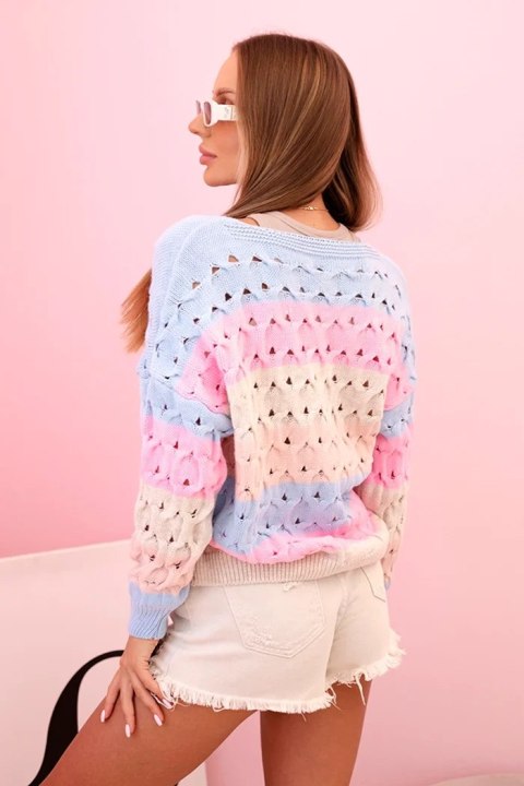 Sweter damski ażurowy w paski z dekoltem V niebieski + beżowy