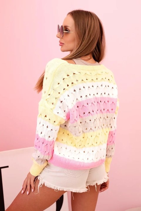 Sweter damski ażurowy w paski z dekoltem V żółty + różowy